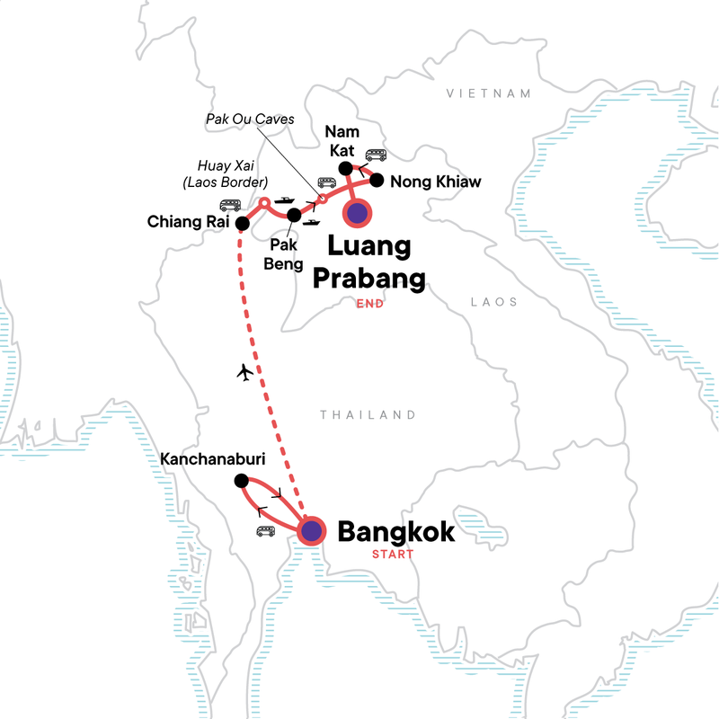 Map of the route for Thailand to Laos: Kanchanaburi, Chiang Rai & Laos Countryside
