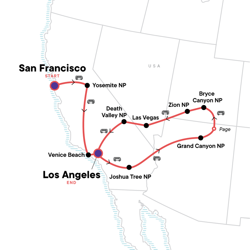 Map of the route for USA Road Trip: Big Cities & West Coast Parks