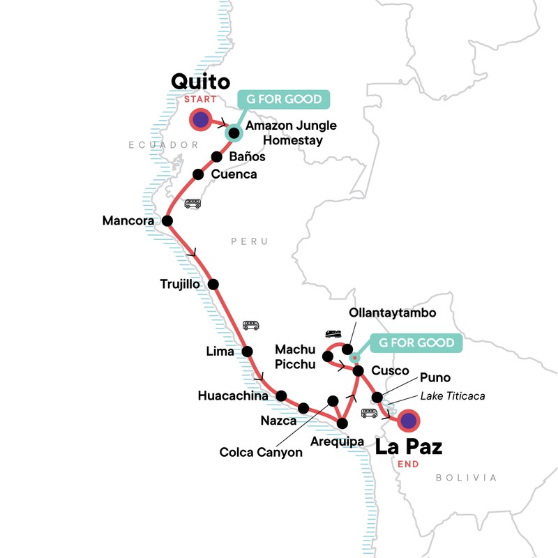 Map of the route for Quito to La Paz: Amazon & Ancient Cultures