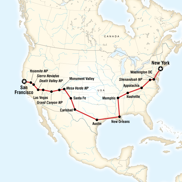 Map of the route for Coast to Coast Road Trip Eastbound