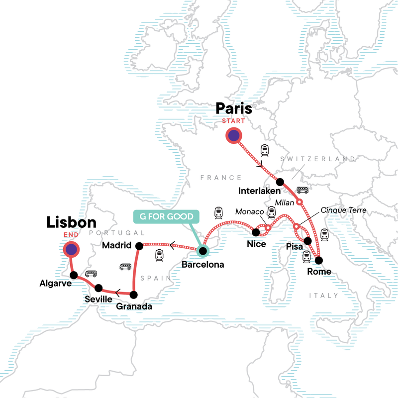 Map of the route for Paris to the Mediterranean: Coasts & Cafés