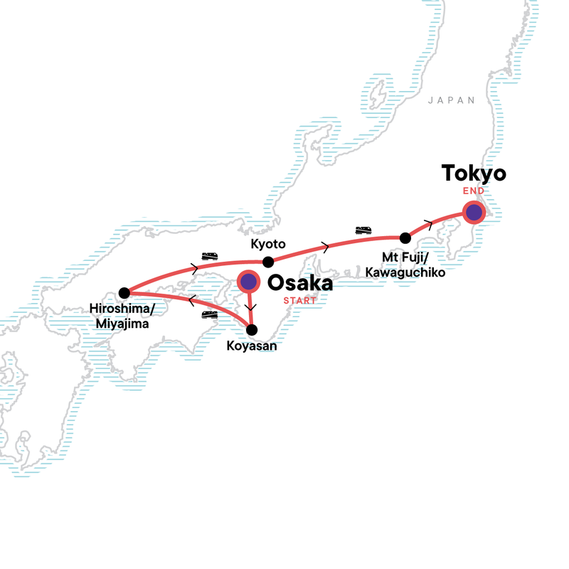 Map of the route for Japan Express: Osaka to Tokyo