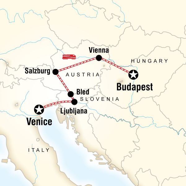 Map of the route for Venice to Budapest Express