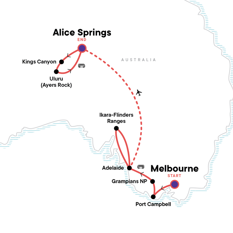 Map of the route for Melbourne to the Red Centre: Rainforests & Mountain Ranges