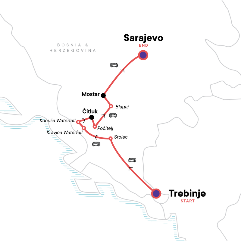 Map of the route for Bosnia and Herzegovina: Wild Horses & City Sights