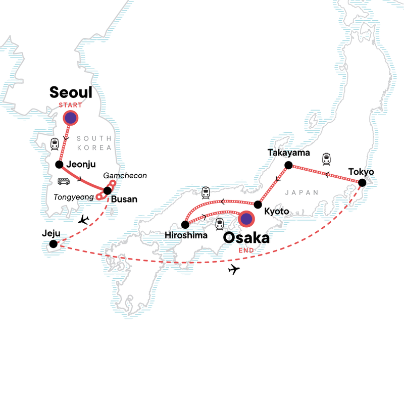Map of the route for Seoul to Osaka: Beaches & Big Cities