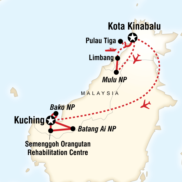 Map of the route for Highlights of Borneo