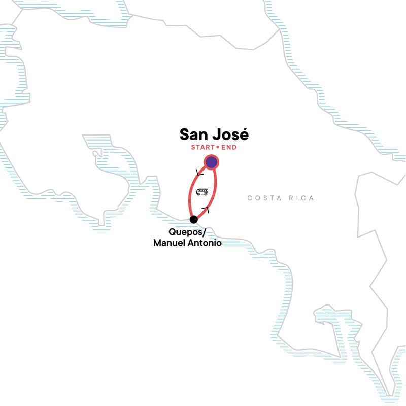 Map of the route for 18-to-Thirtysomethings Manuel Antonio Mini Adventure