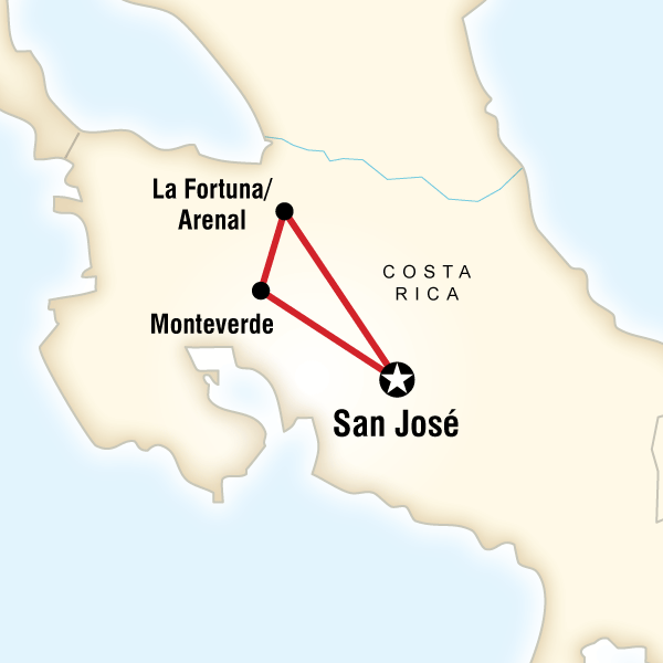 Map of the route for Costa Rica Volcanoes & Cloud Forest Independent Adventure