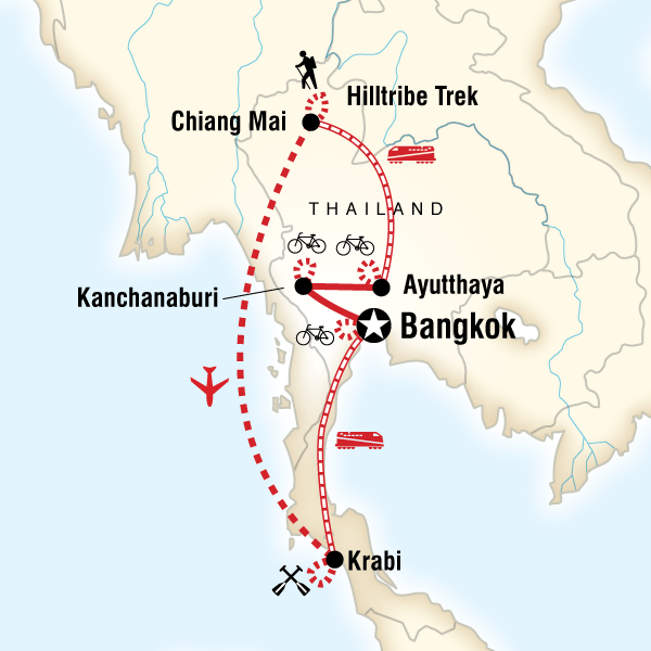 Map of the route for Thailand Hike, Bike & Kayak