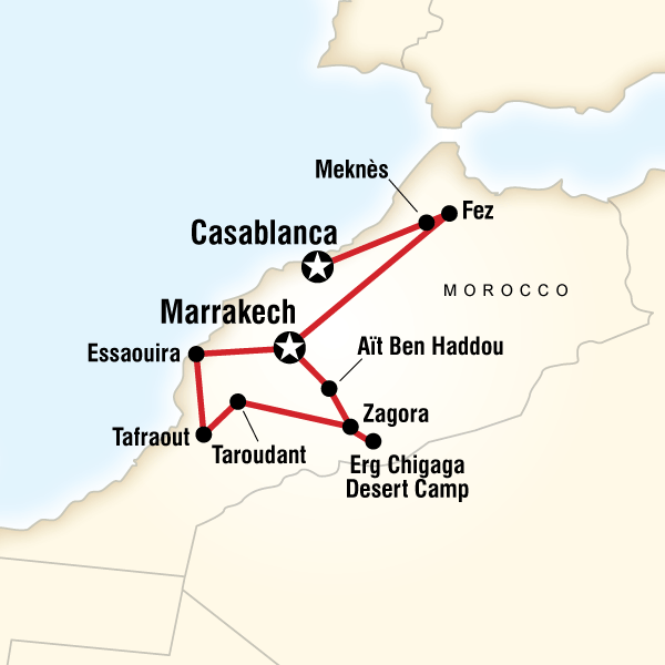 Map of the route for Journeys: Morocco in Depth