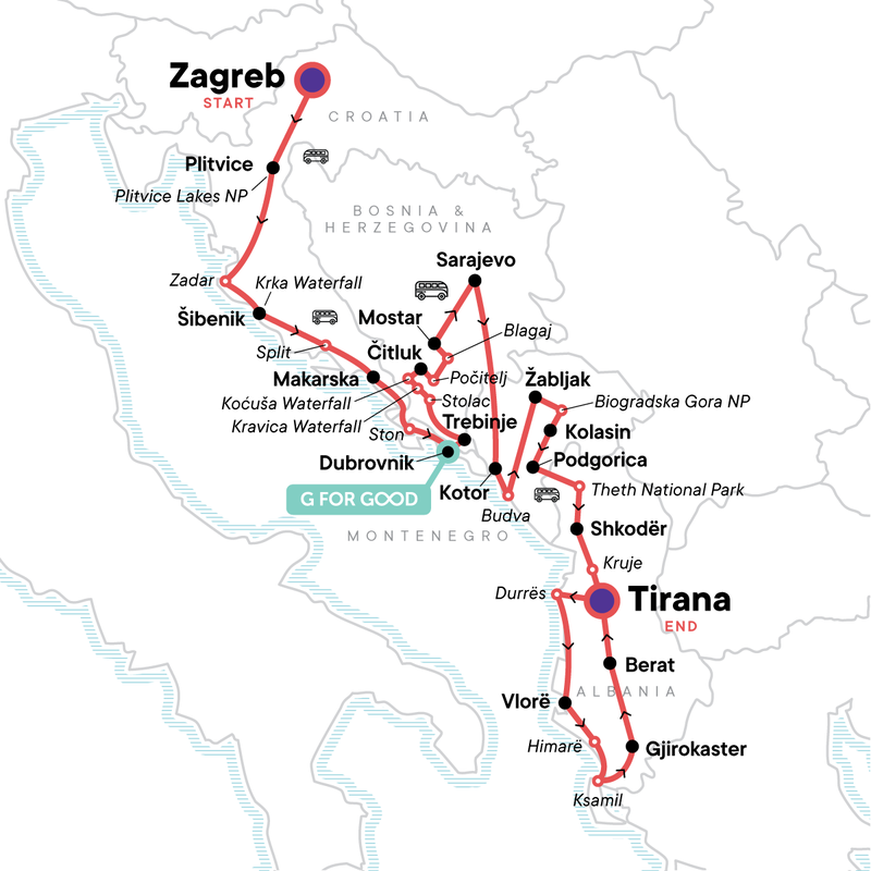 Map of the route for Classic Balkans:  Croatia to Albania