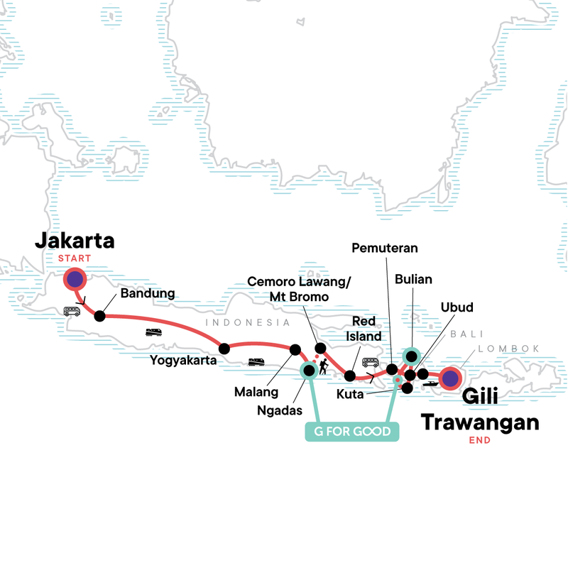 Map of the route for Indonesia Adventure: Java & Bali