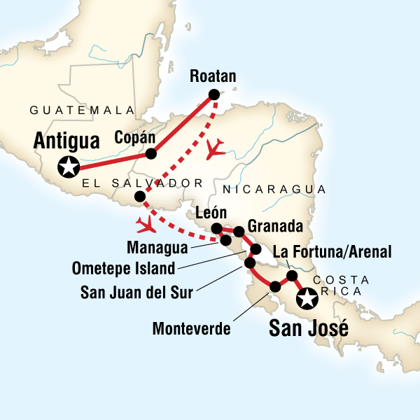Map of the route for Volcano Adventure – Antigua to San José
