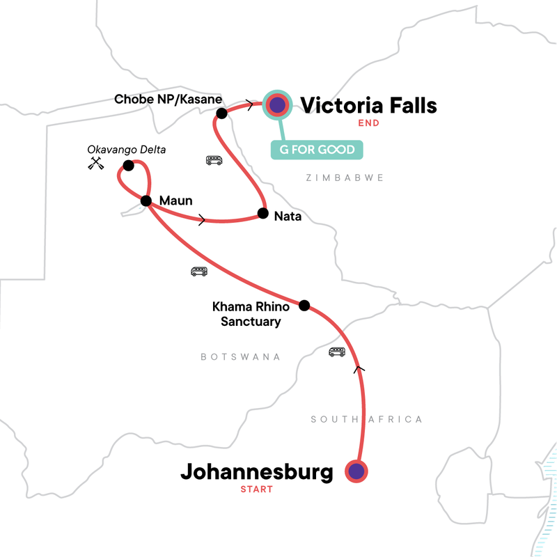 Map of the route for Botswana and Falls Overland: Wildlife Walks & Safari Drives