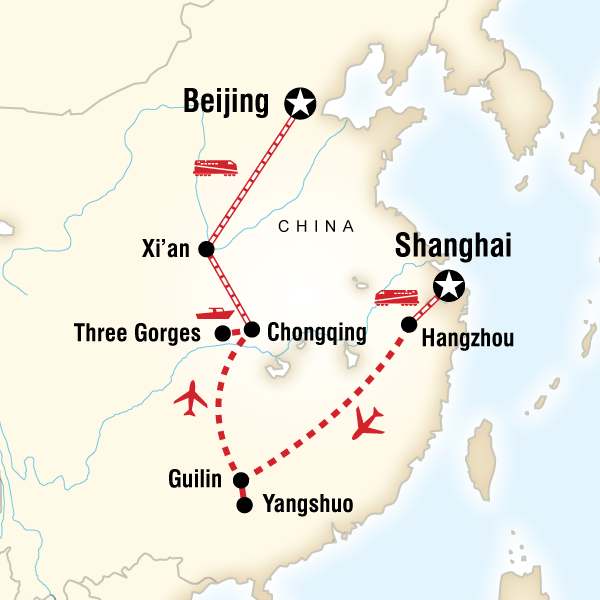 Map of the route for Highlights of China