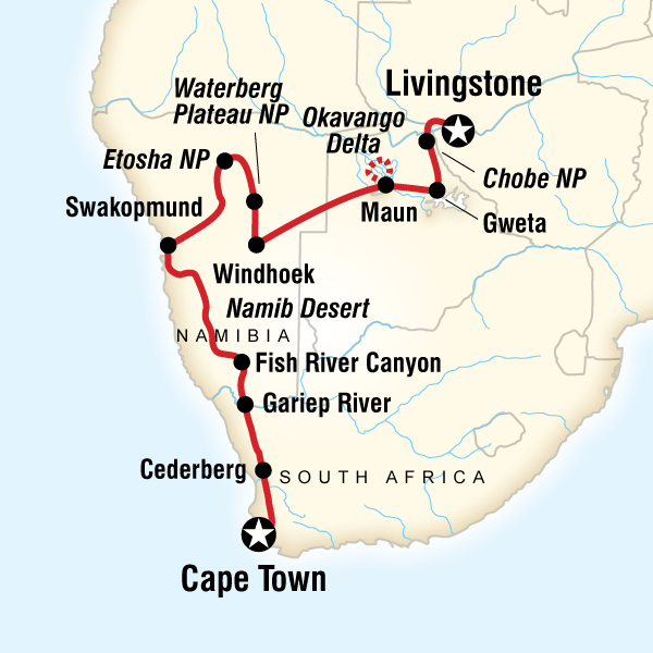 Map of the route for Southern Africa Southbound: Dunes, Deltas & Falls
