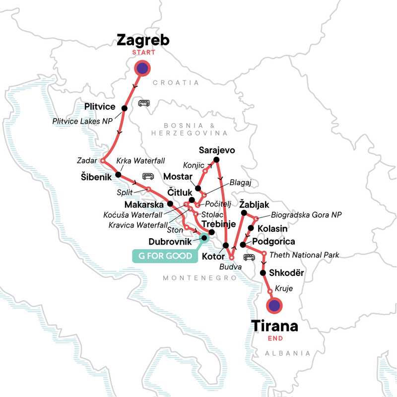 Map of the route for Classic Balkans:  Zagreb to Tirana
