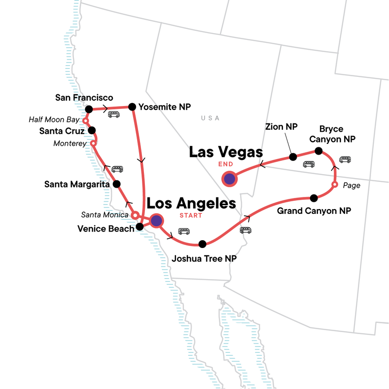 Map of the route for USA Road Trip — Highway 1, Yosemite & Utah