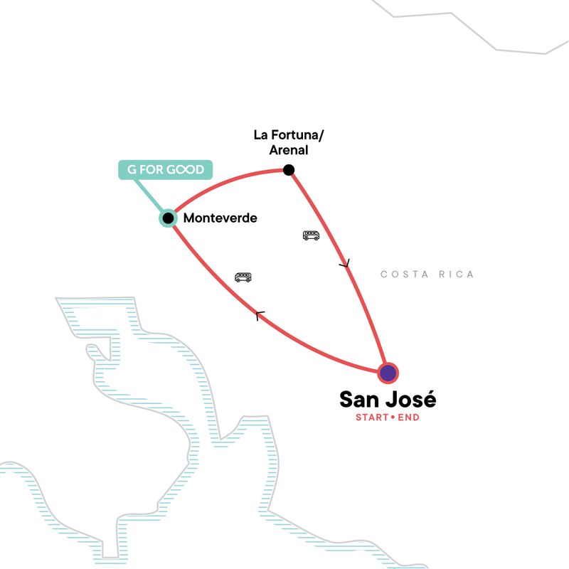 Map of the route for Costa Rica: Monteverde and La Fortuna