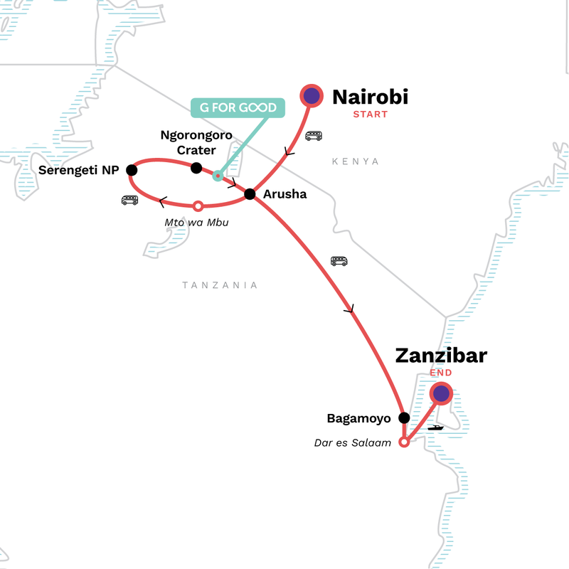 Map of the route for Nairobi to Zanzibar: Serengeti & Sunsets
