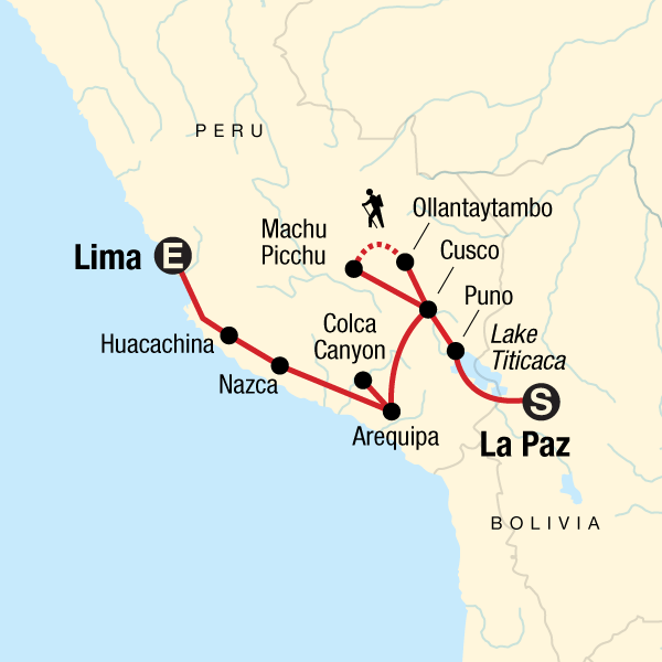 Map of the route for La Paz to Lima: Andes & Alpacas