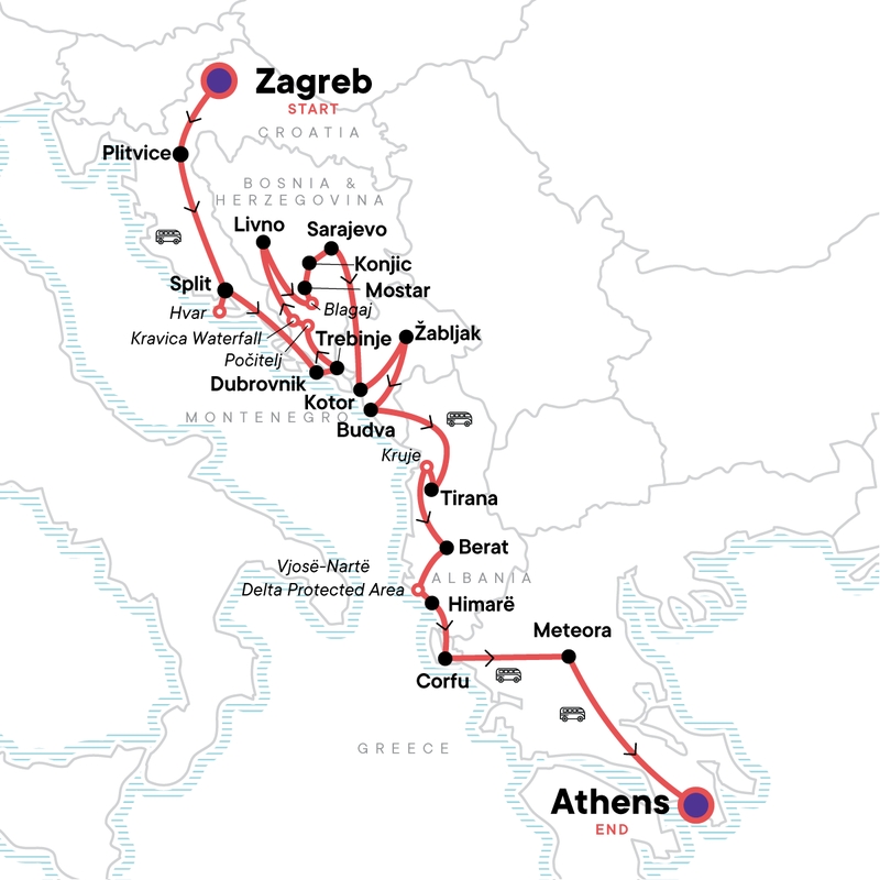 Map of the route for Zagreb to Athens: Monasteries & The Mediterranean