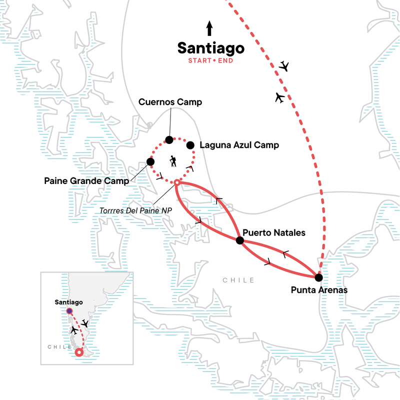Map of the route for Torres del Paine - The W Trek with Santiago