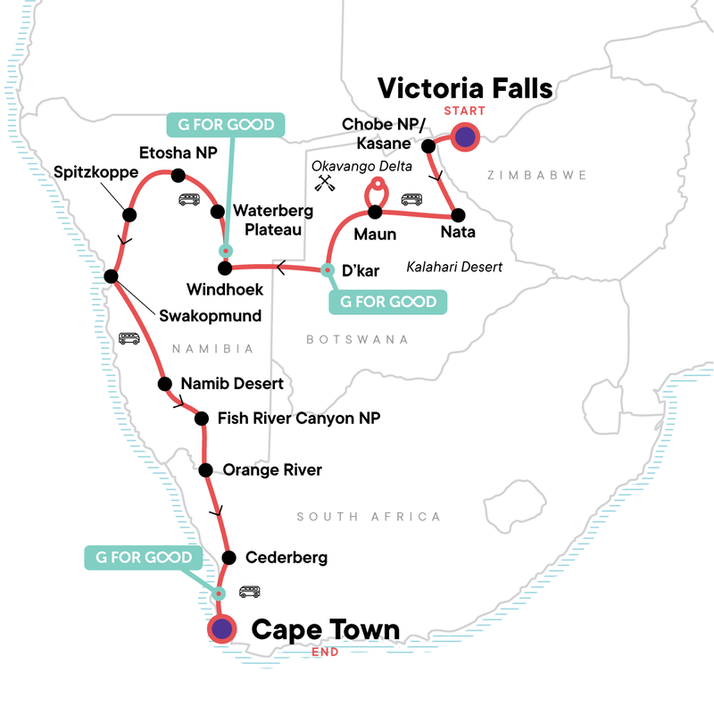 Map of the route for Victoria Falls to Cape Town Overland Safari & Participation Camping