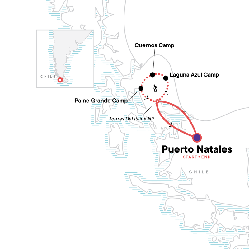 Map of the route for Torres del Paine - The W Trek