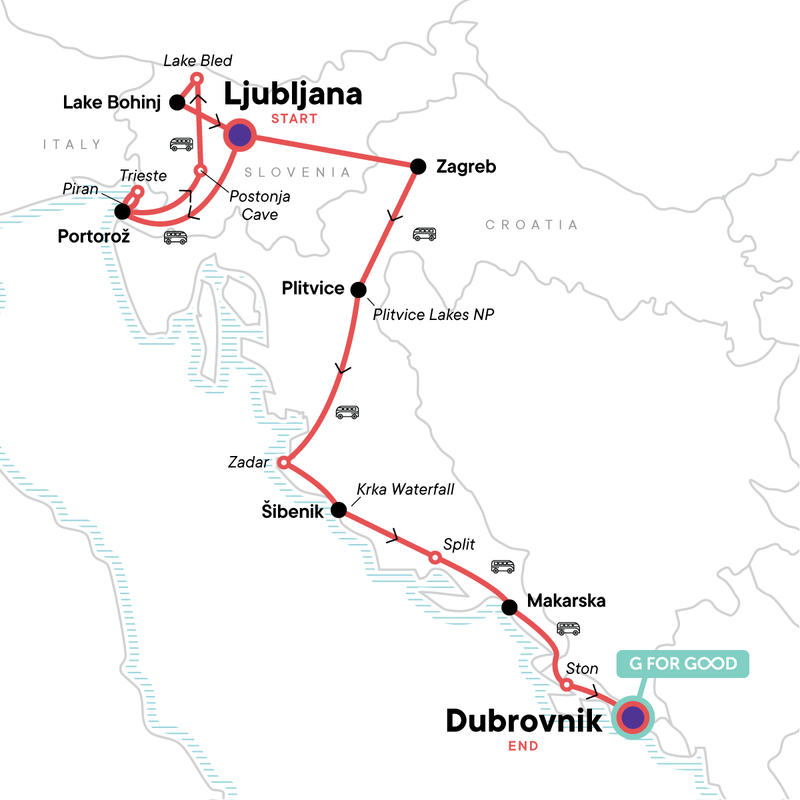 Map of the route for Highlights of Slovenia & Croatia