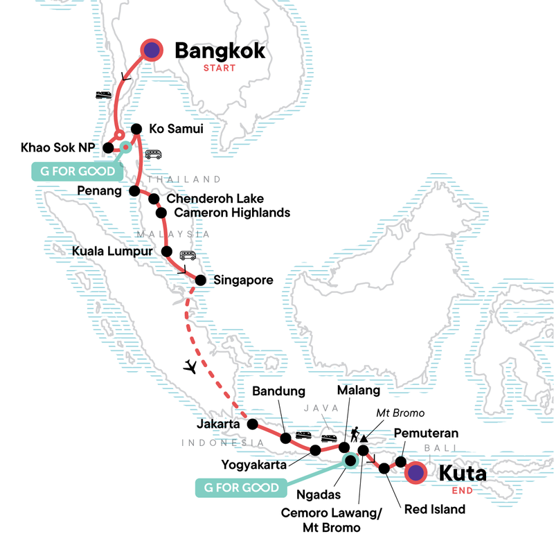 Map of the route for Bangkok to Kuta: Summits & Sunsets