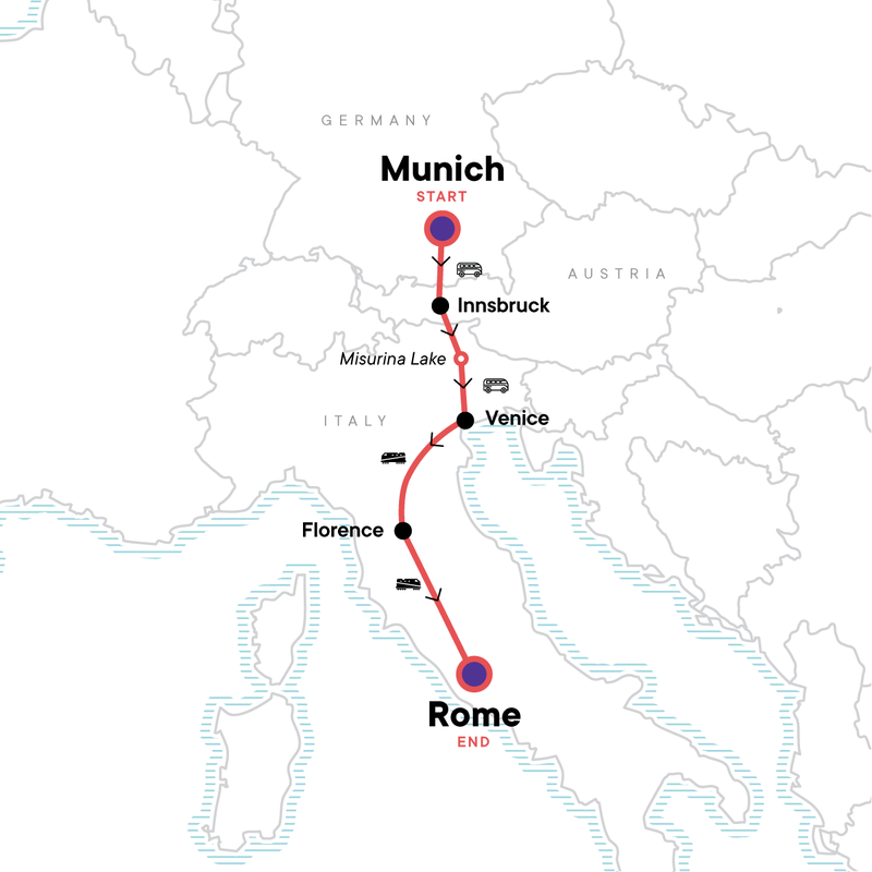 Map of the route for Western and Central Europe: Venice, the Alps & the Flavours of Rome