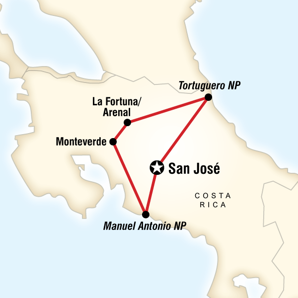 Map of the route for Journeys: Explore Costa Rica