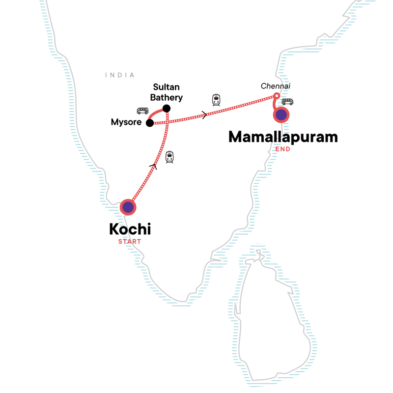 Map of the route for Southern India: West to East Coast