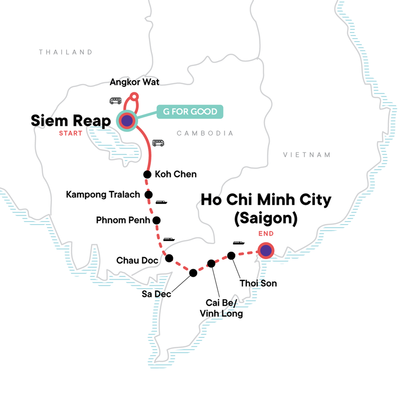 Map of the route for Mekong River Encompassed – Siem Reap to Ho Chi Minh City