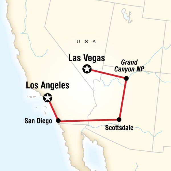 Map of the route for San Diego, Grand Canyon & Vegas