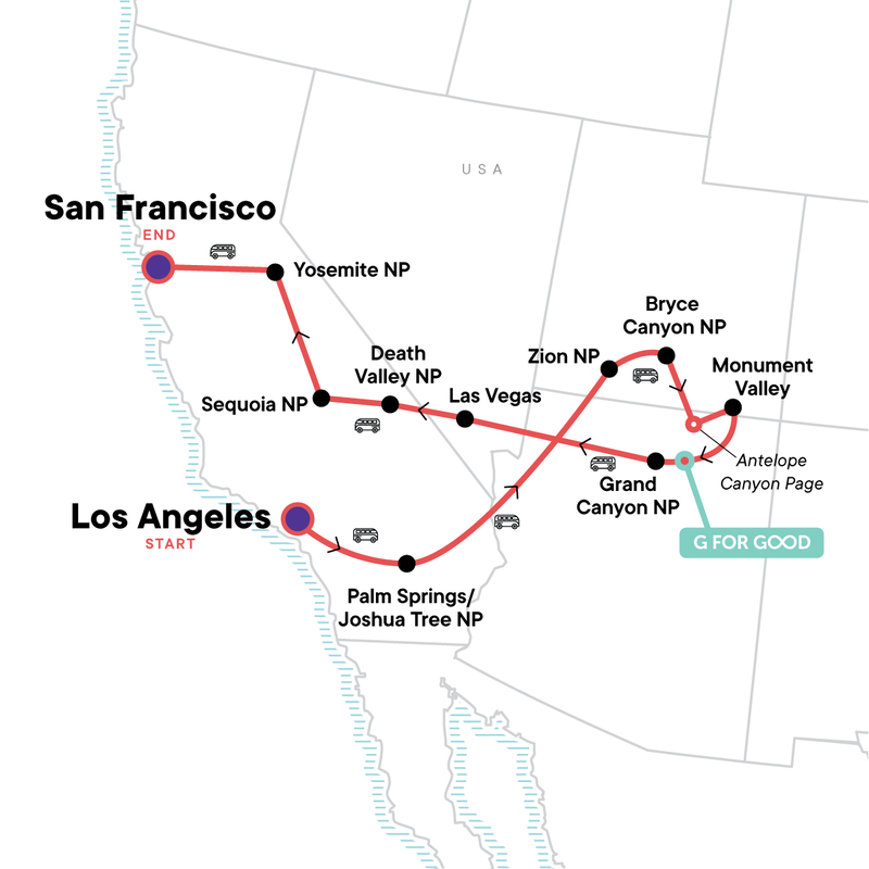 Map of the route for USA National Parks Explorer