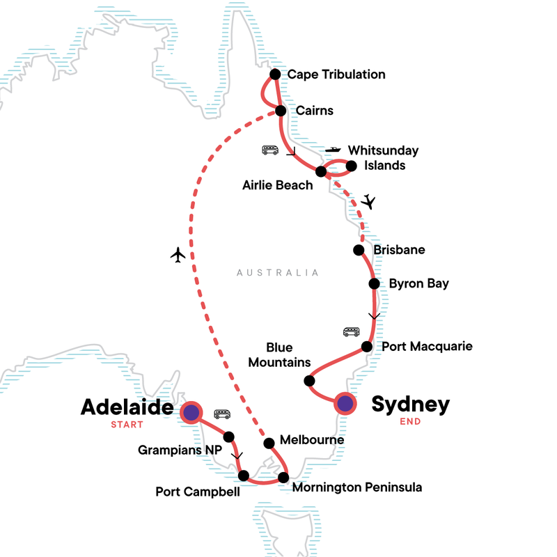 Map of the route for South Australia & the East Coast