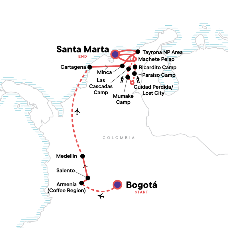 Map of the route for Colombian Culture, Caribbean & Lost City