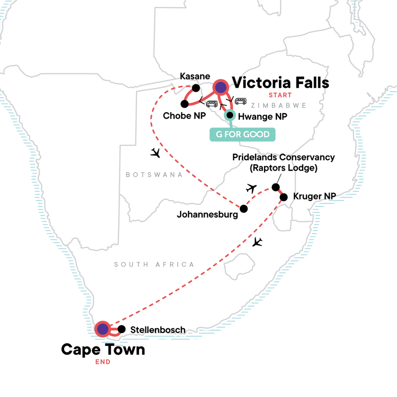 Map of the route for Southern Africa: Kruger, Victoria Falls & Zimbabwe National Parks