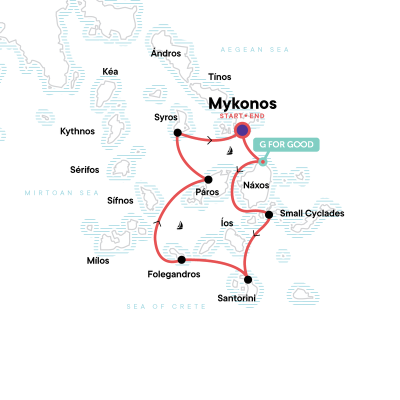 Map of the route for Sailing Greece - Mykonos to Mykonos