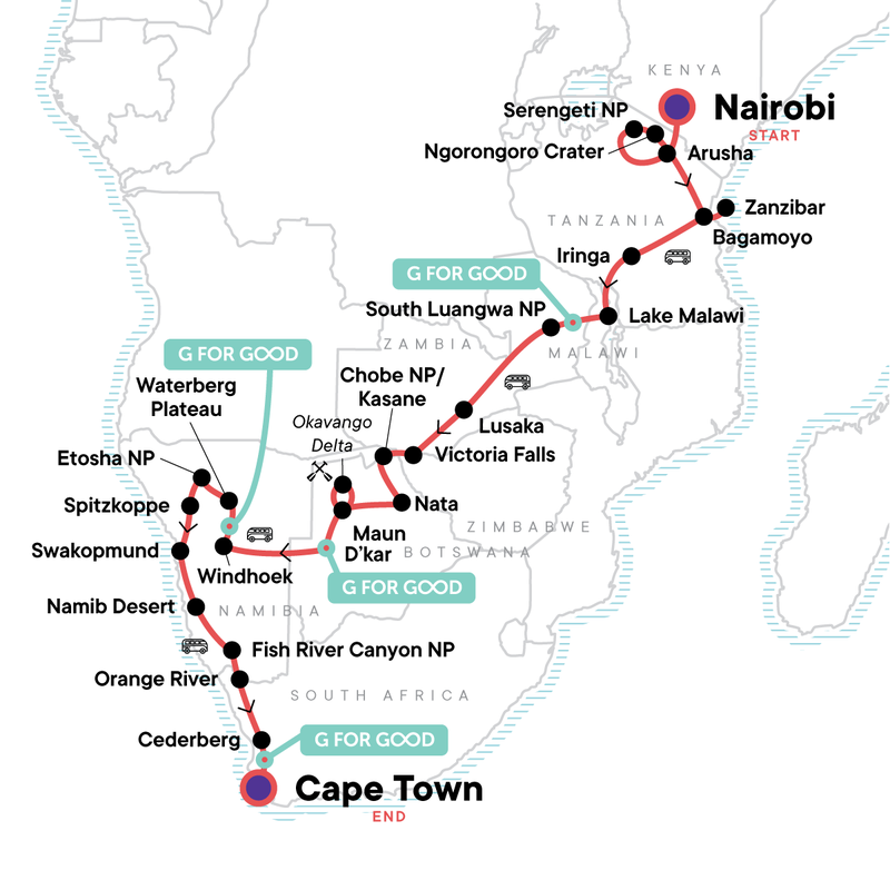 Map of the route for Nairobi to Cape Town Overland Safari & Participation Camping