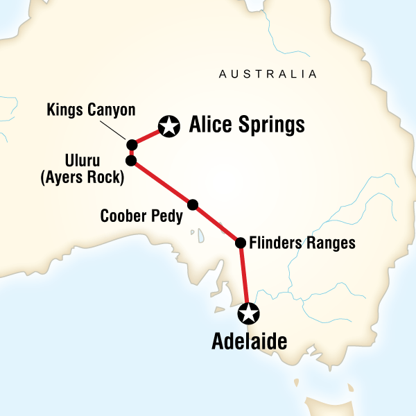 Map of the route for The Red Centre to Adelaide