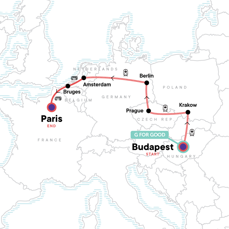 Map of the route for Budapest to Paris: Bike Tours & Belgian Waffles