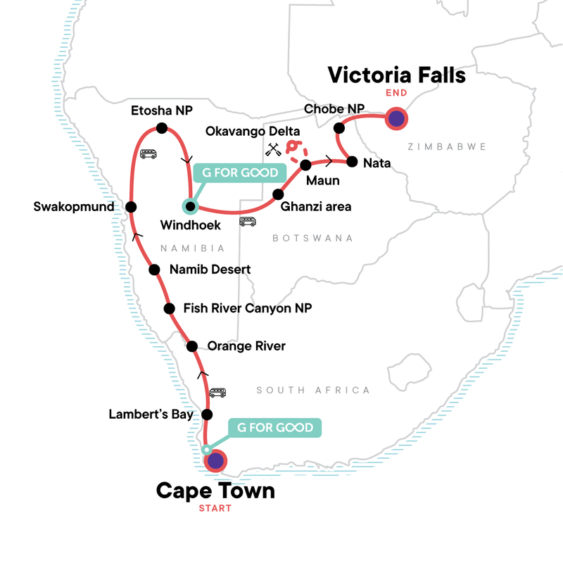 Map of the route for Cape Town to Victoria Falls Adventure