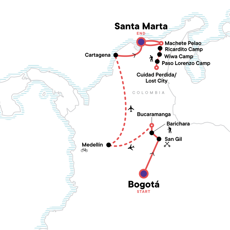 Map of the route for Colombia Multisport & Lost City Trek