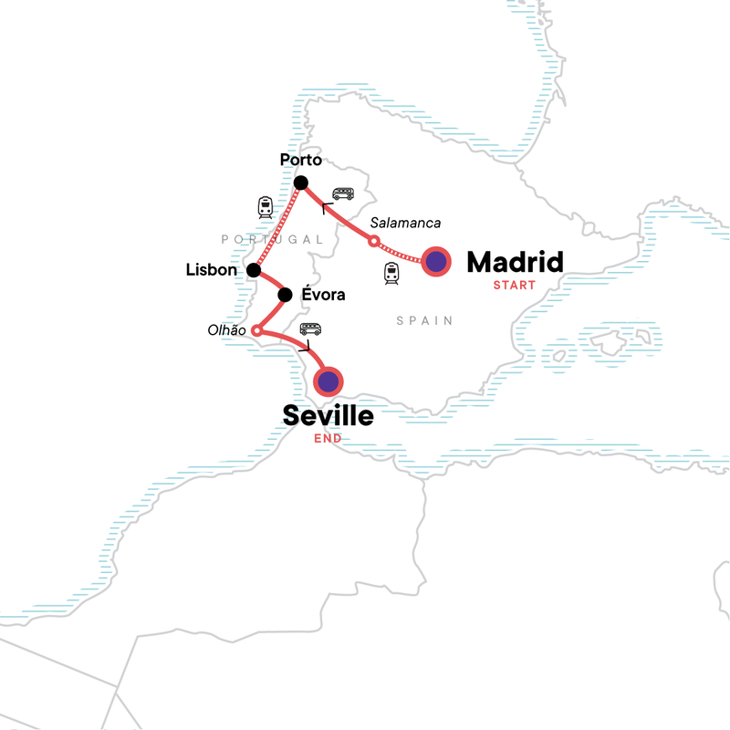 Map of the route for Classic Spain & Portugal: Madrid to Seville