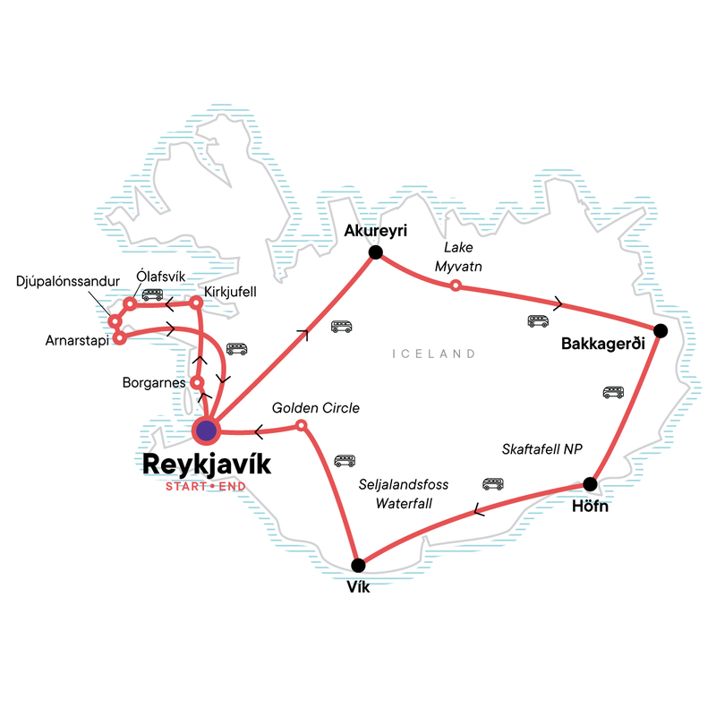 Map of the route for Best of Iceland: Golden Circle & Snæfellsnes Peninsula