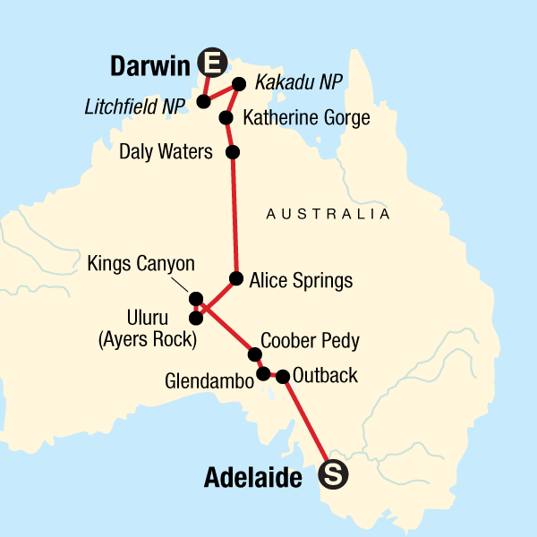 Map of the route for Outback to the Top End–Adelaide to Darwin